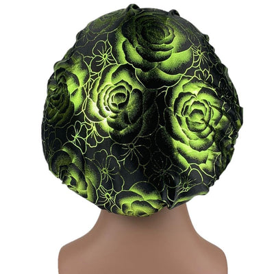 Black Green Rose Print Silky Bonnet - Taelor Boutique