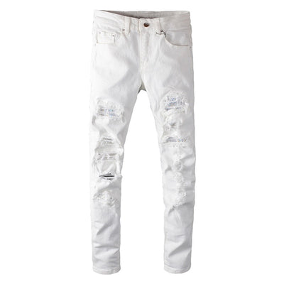 White Crystal Patchwork Ripped Jeans - Taelor Boutique