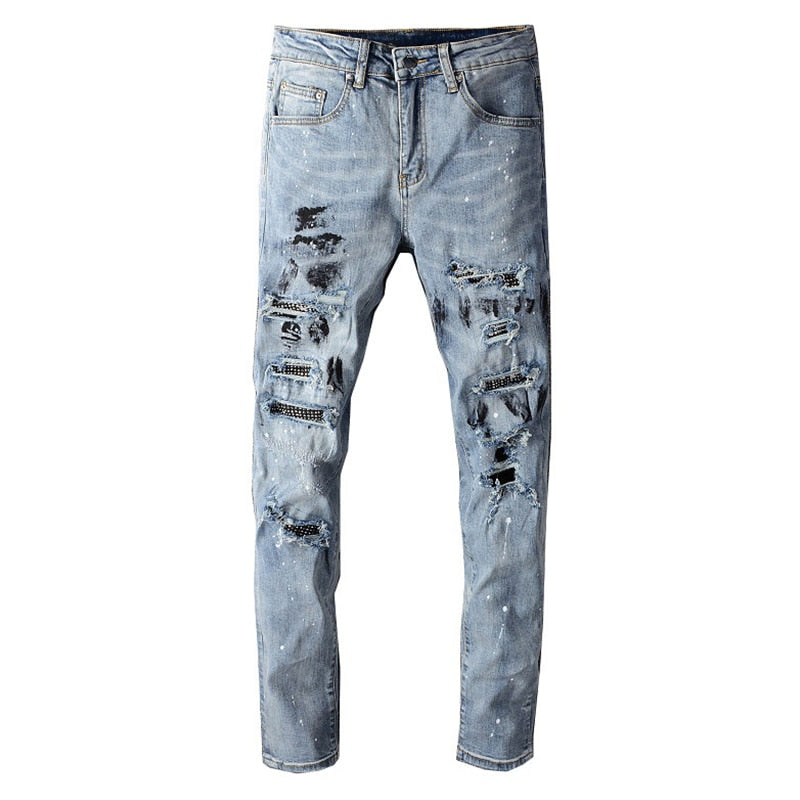 Blue Crystal Patchwork Paint Splatter Jeans – Taelor Boutique
