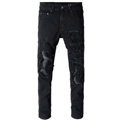 Black Faux Leather Patchwork Jeans - Taelor Boutique