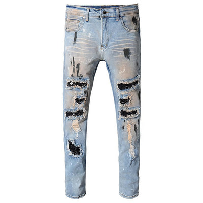 Blue Ripped Crystal Patchwork Jeans - Taelor Boutique