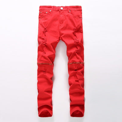 Red Skinny Ripped Jeans with Knee Zipper - Taelor Boutique