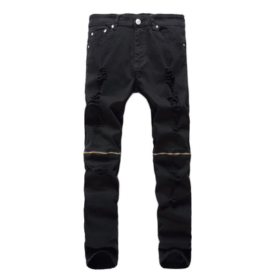 Black Skinny Ripped Jeans with Knee Zipper - Taelor Boutique