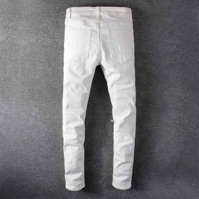 White On White Crystal Distressed Jeans