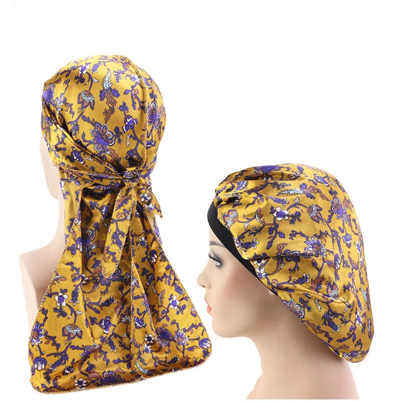 Yellow Floral Silky Durag And Bonnet Set