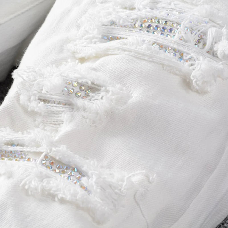 White On White Crystal Distressed Jeans