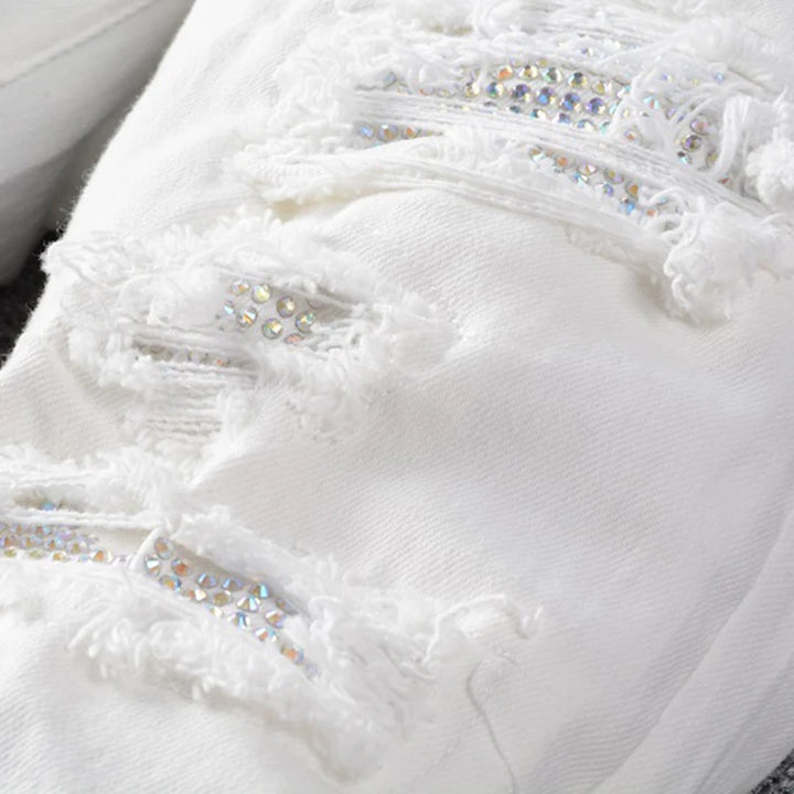 White On White Crystal Distressed Jeans