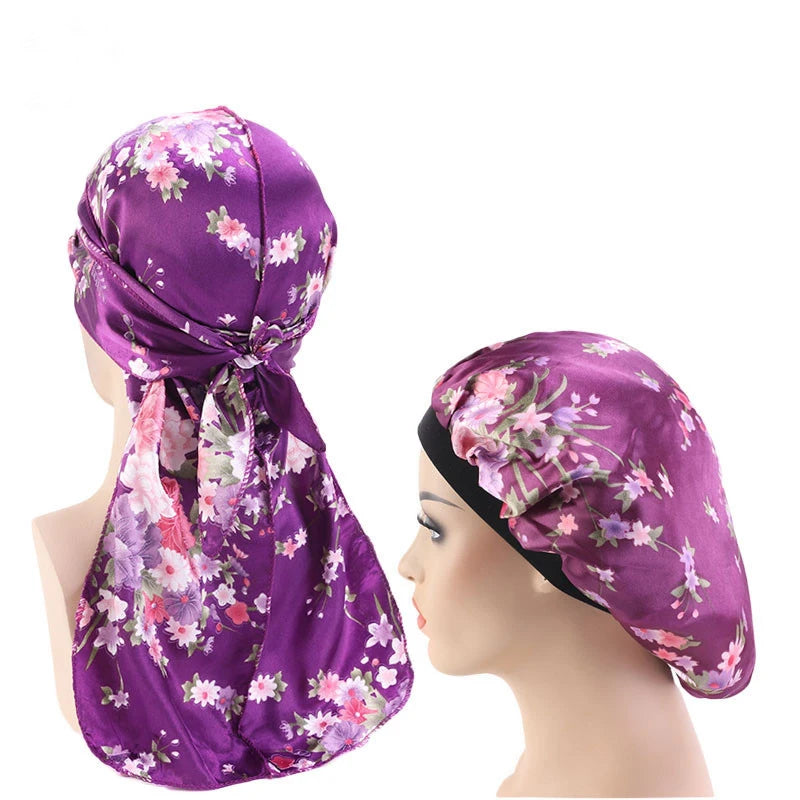 Purple Floral Silky Durag And Bonnet Set