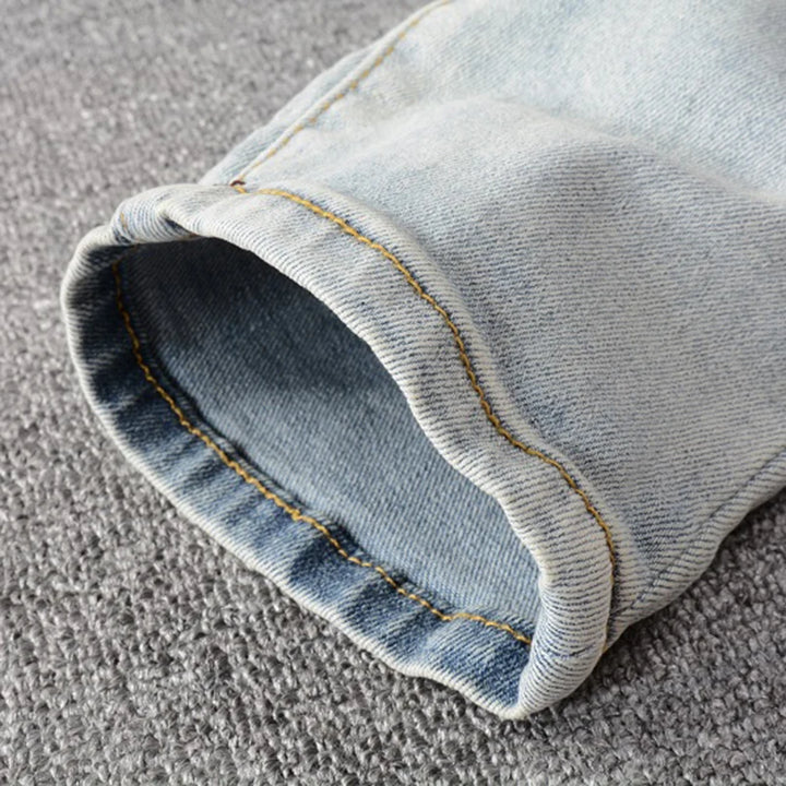 Blue White Crystal Ribbed Patchwork Distressed Jeans