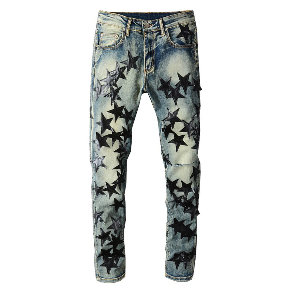 Blue Black Full Leather Stars Jeans
