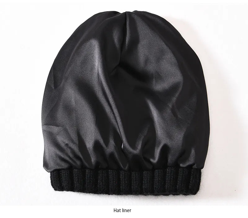 Black Chunky Knitted Satin Lined Beanie