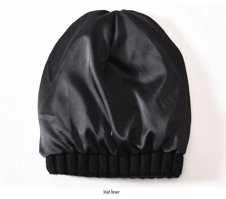 Black Chunky Knitted Satin Lined Beanie