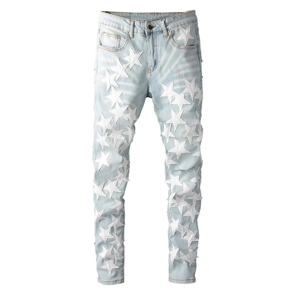 Light Blue White Full Leather Stars Jeans