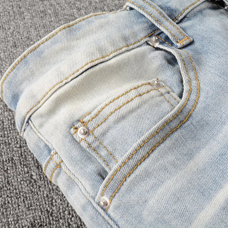 Blue White Crystal Ribbed Patchwork Distressed Jeans