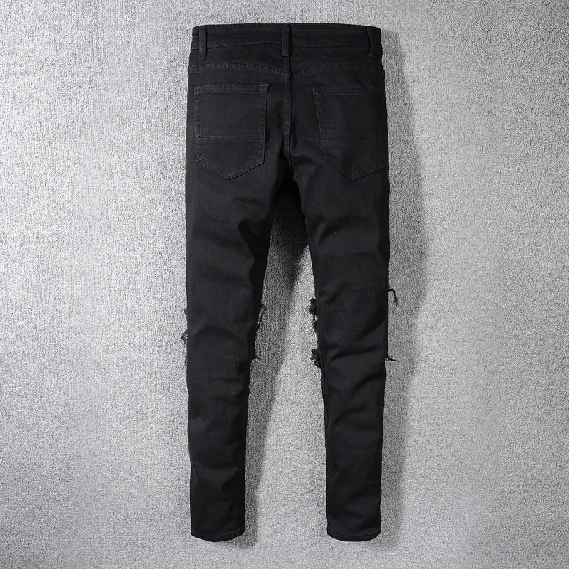 Black Ribbed Patchwork Distressed Jeans