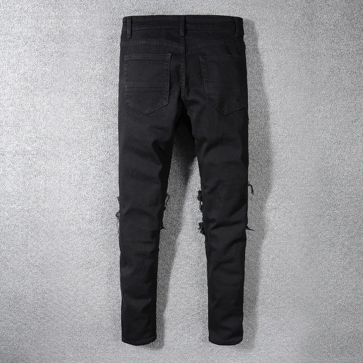 Black Ribbed Patchwork Distressed Jeans