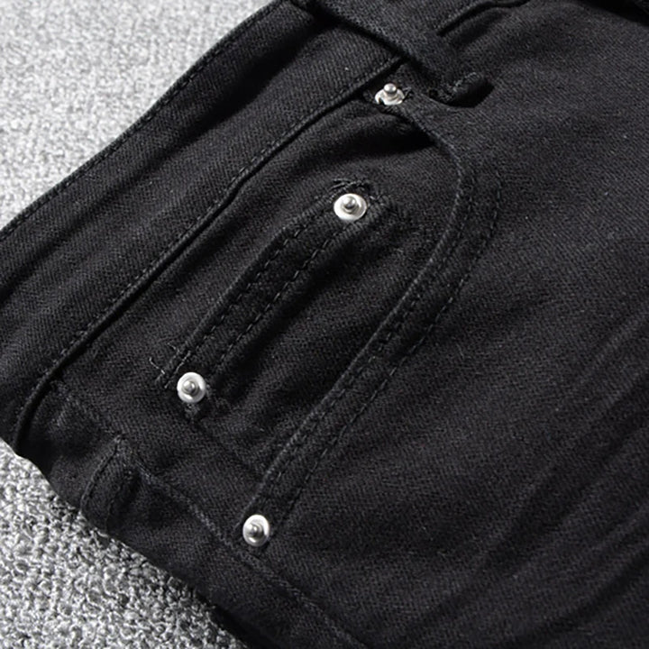 Black Ribbed Patchwork Distressed Jeans