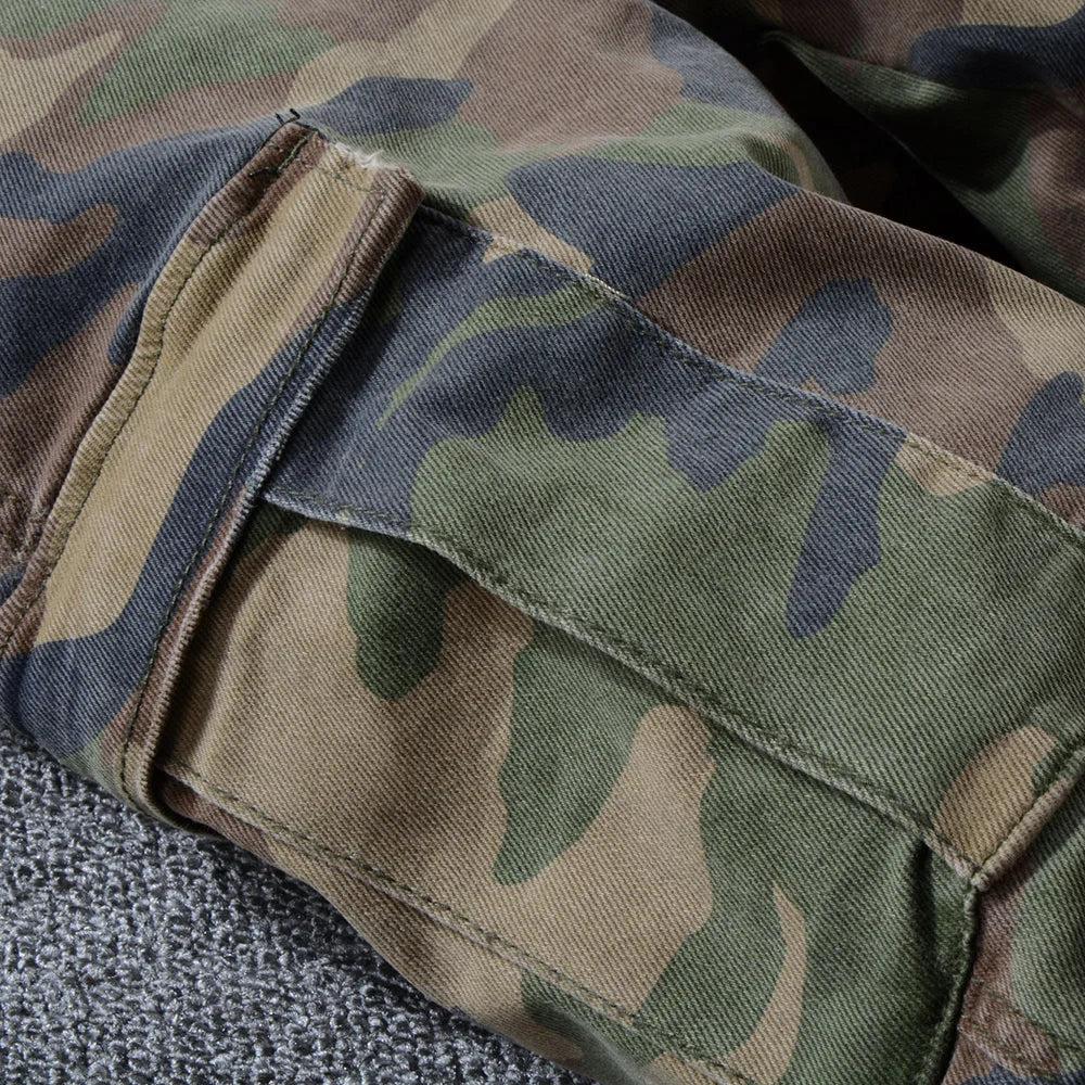 Camo Black Leather Patchwork Jeans