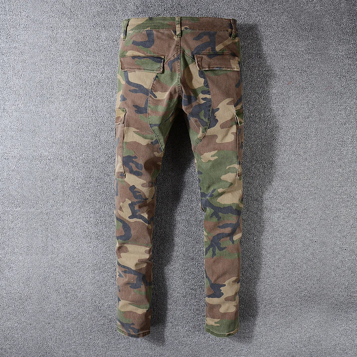 Camo Black Leather Patchwork Jeans