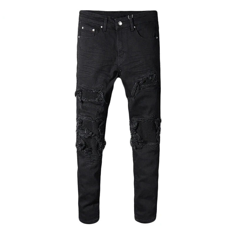 Black Ribbed Patchwork Distressed Jeans