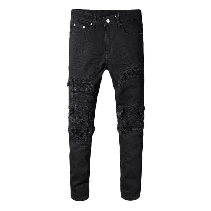 Black Ribbed Patchwork Distressed Jeans