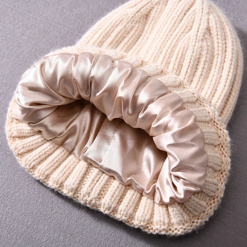 Beige Chunky Knitted Satin Lined Beanie