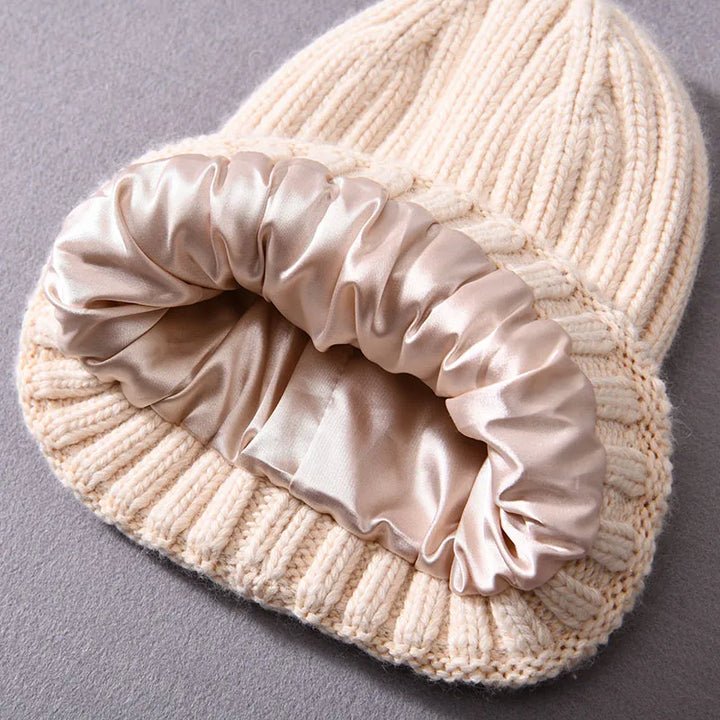 Beige Chunky Knitted Satin Lined Beanie