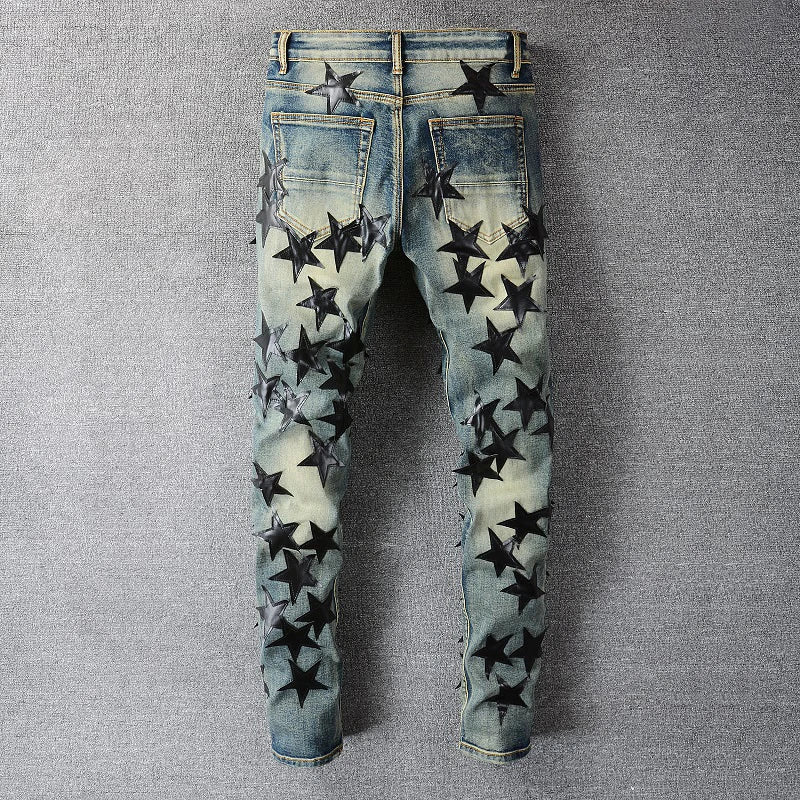 Blue Black Full Leather Stars Jeans
