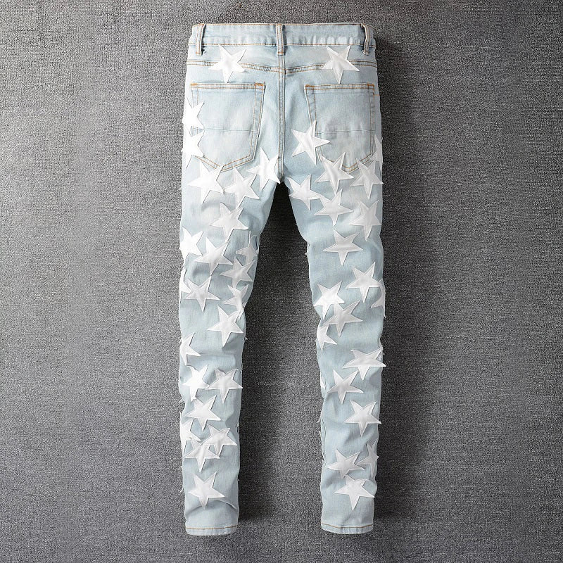 Light Blue White Full Leather Stars Jeans