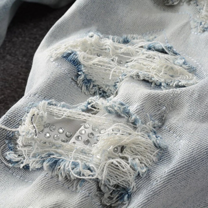 Blue White Crystal Ribbed Patchwork Distressed Jeans