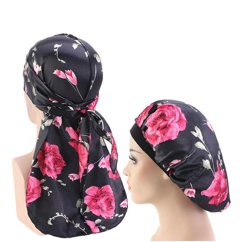Black Floral Silky Durag And Bonnet Set