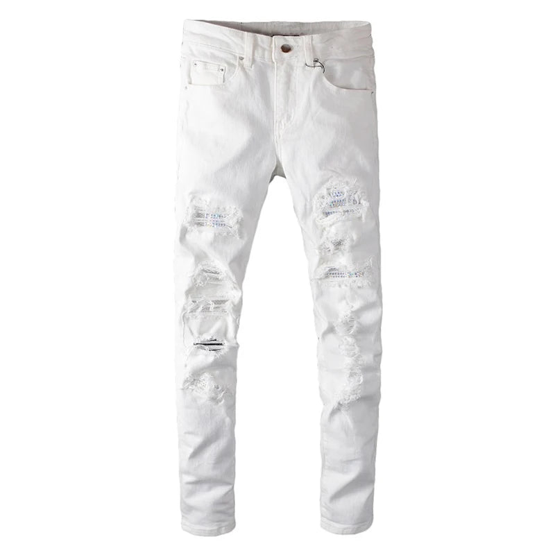 White On White Crystal Distressed Jeans