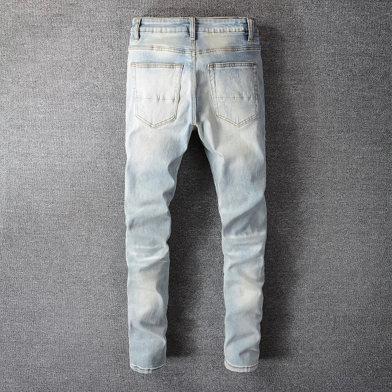 Blue White Crystal Ribbed Patchwork Distressed Jeans