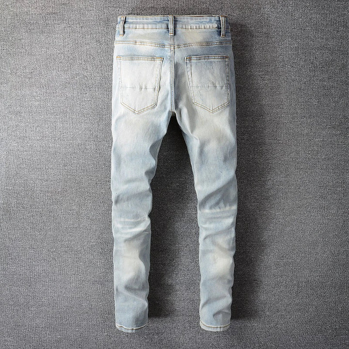 Blue White Crystal Ribbed Patchwork Distressed Jeans