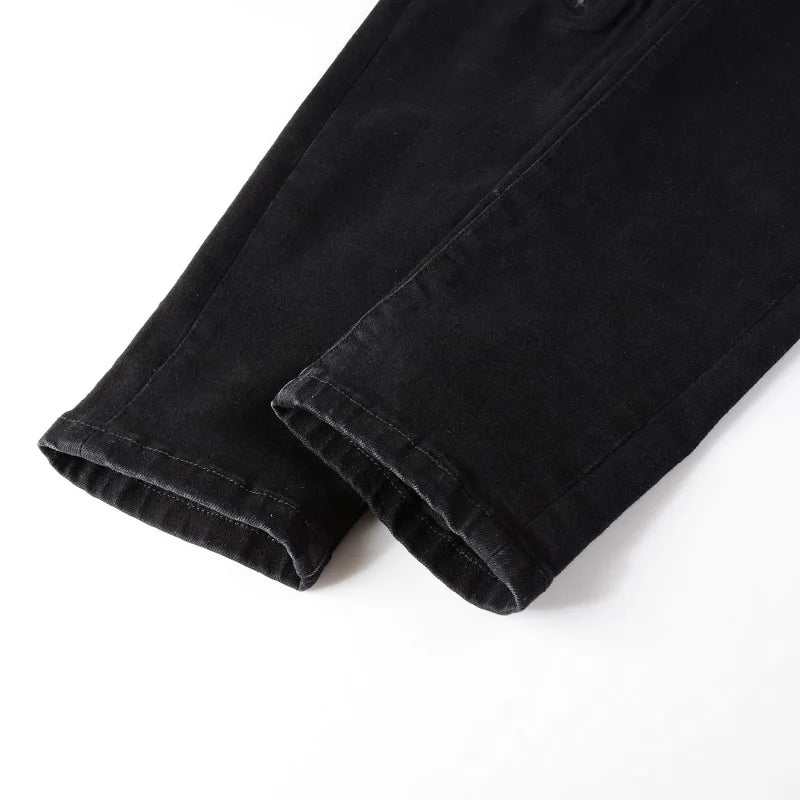 Black Full White Leather Patchwork Distressed Painted Jeans