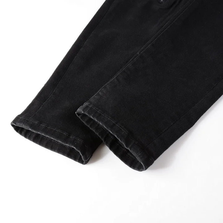 Black Full White Leather Patchwork Distressed Painted Jeans