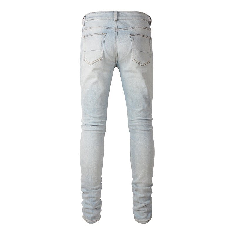 Pale Blue White Ribbed Patchwork Jeans