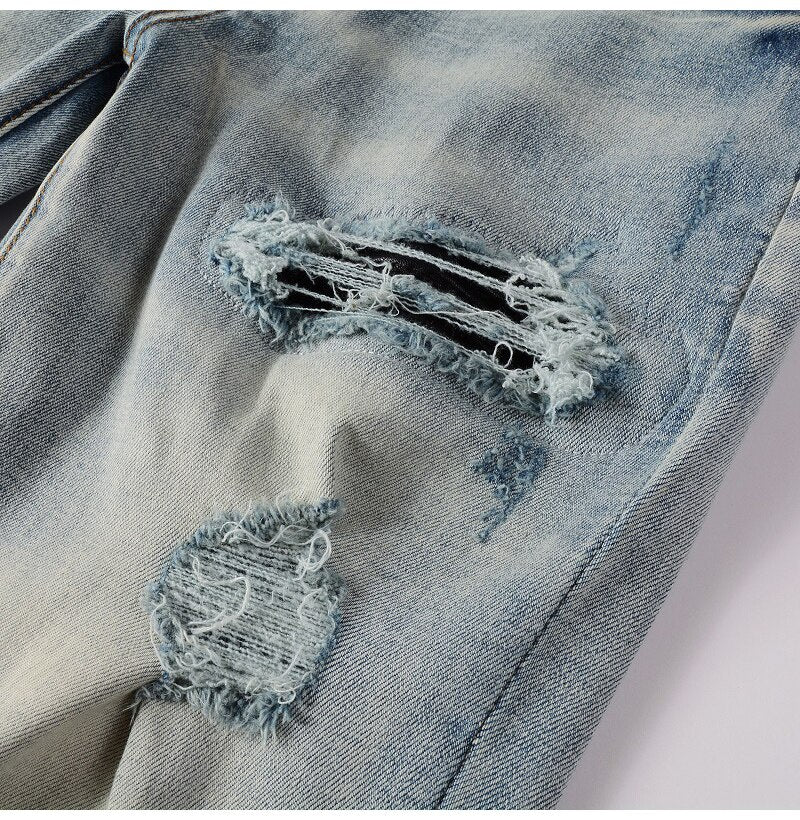 Blue Black Leather Pleated Patch Jeans