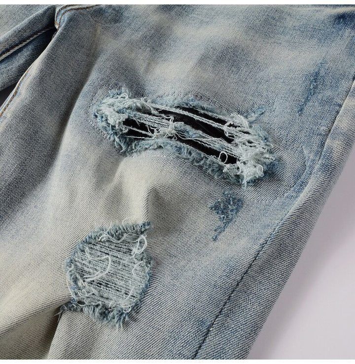 Blue Black Leather Pleated Patch Jeans