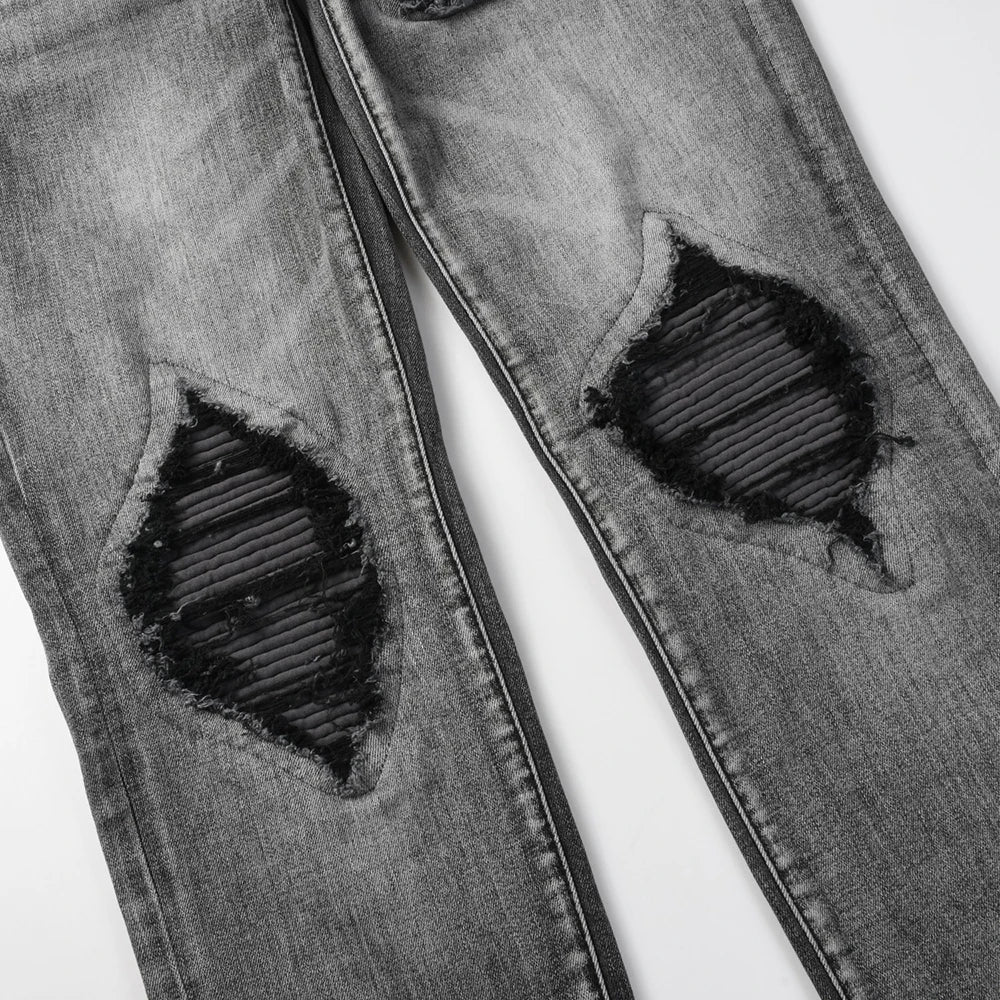 Grey Black Leather Ribbed Knee Distressed Jeans