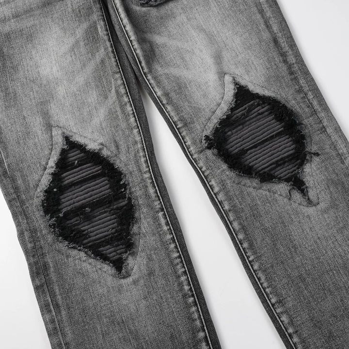 Grey Black Leather Ribbed Knee Distressed Jeans