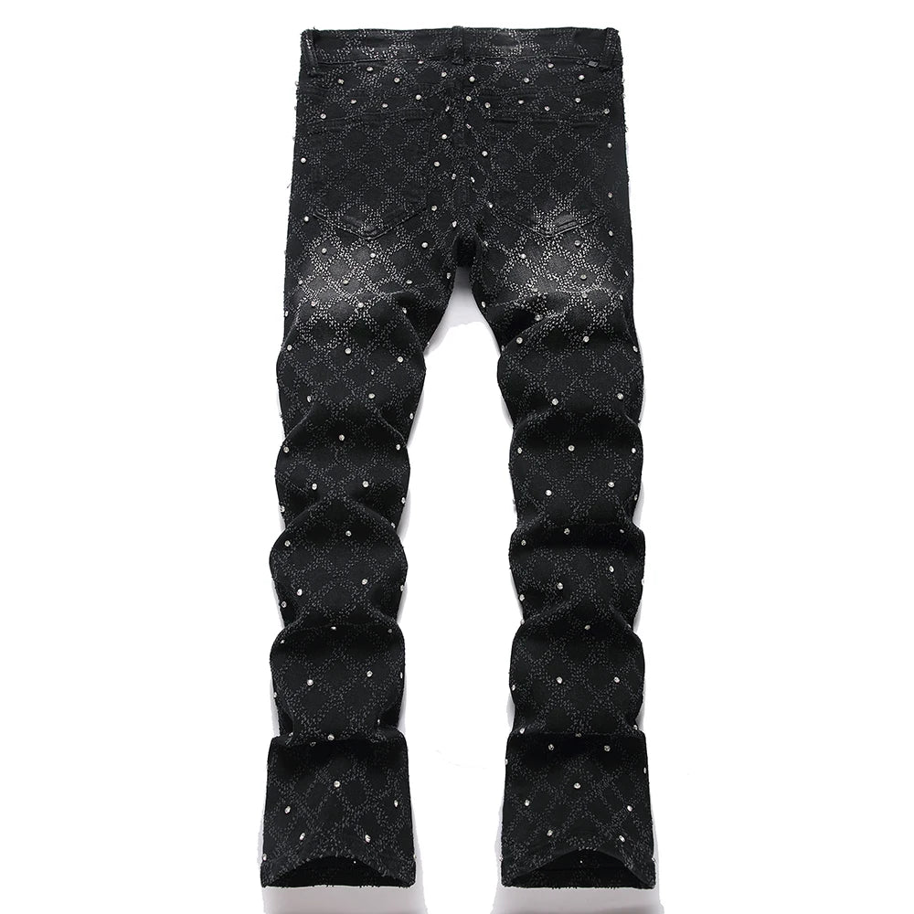 Black Patterned Crystal Bootcut Jeans