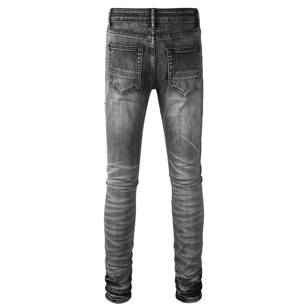 Grey Red Leather Ribbed Knee Distressed Jeans