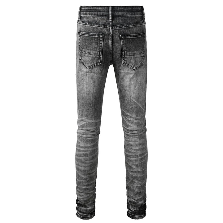 Grey Red Leather Ribbed Knee Distressed Jeans