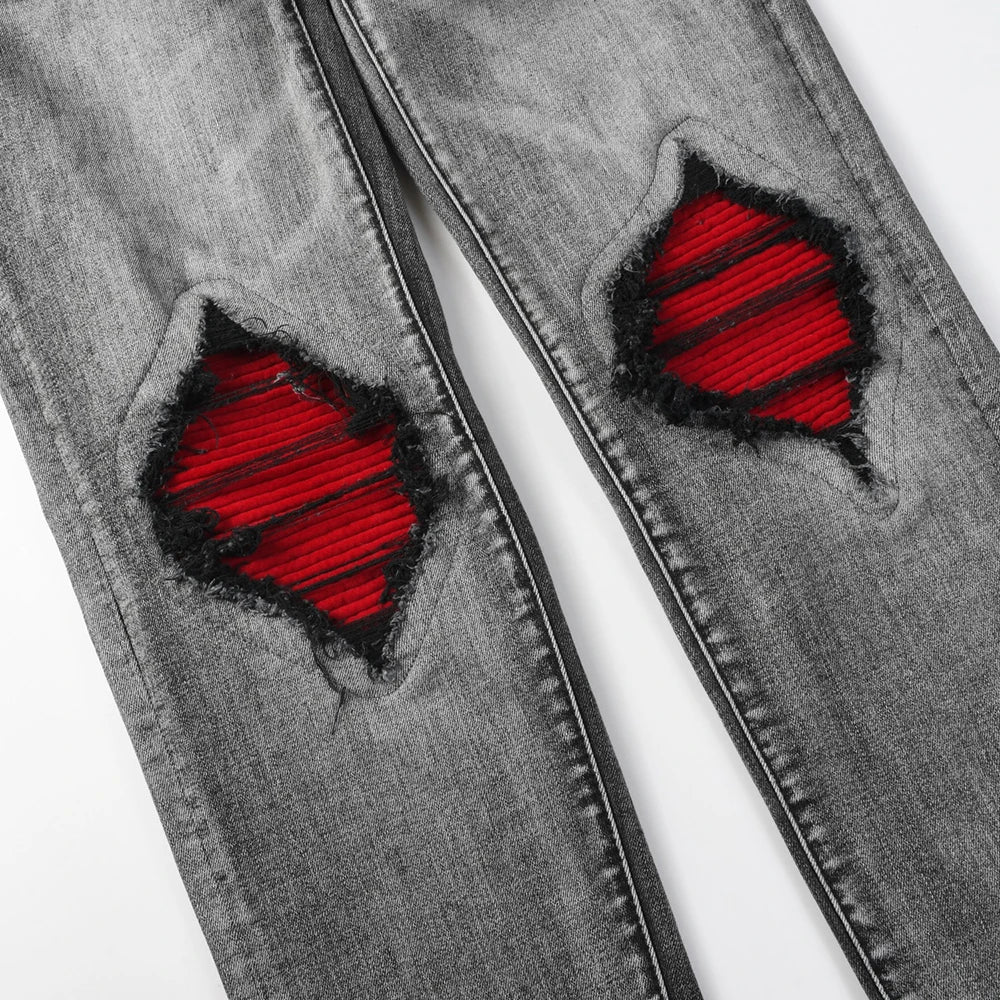 Grey Red Leather Ribbed Knee Distressed Jeans