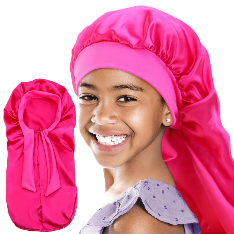 Khaki Kids Silky Long Braids Tied Bonnet