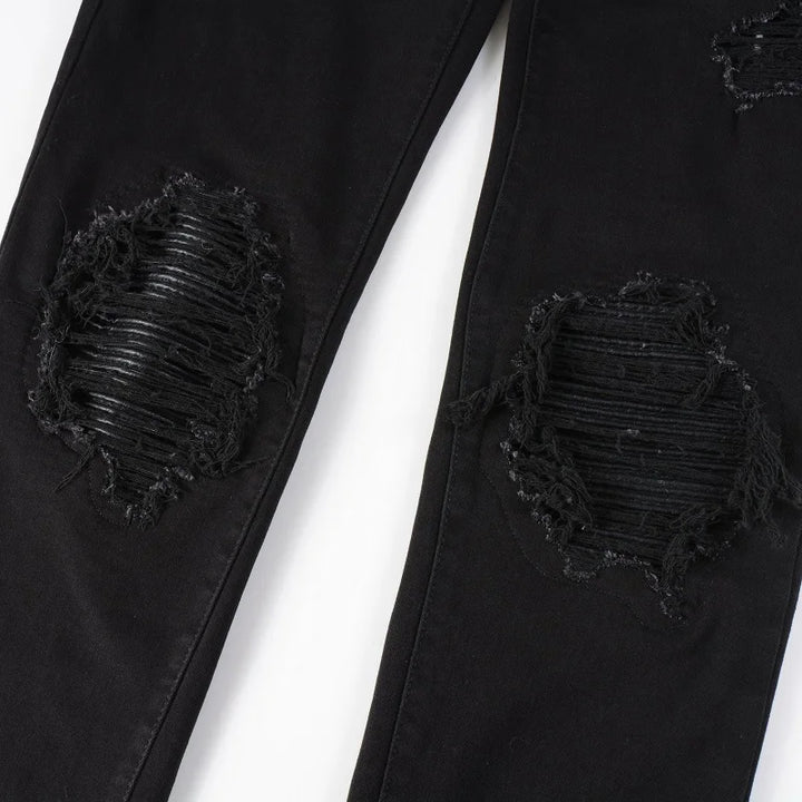 Black Leather Patch Distressed Jeans