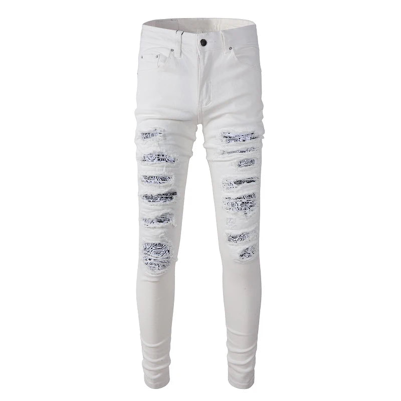 White On White Paisley Bandana Patchwork Jeans