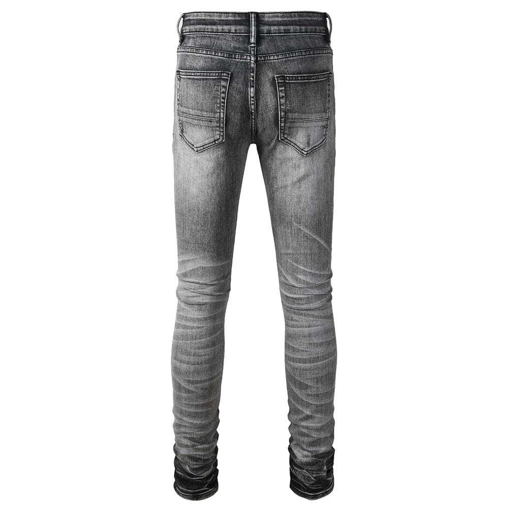 Grey Black Leather Ribbed Knee Distressed Jeans