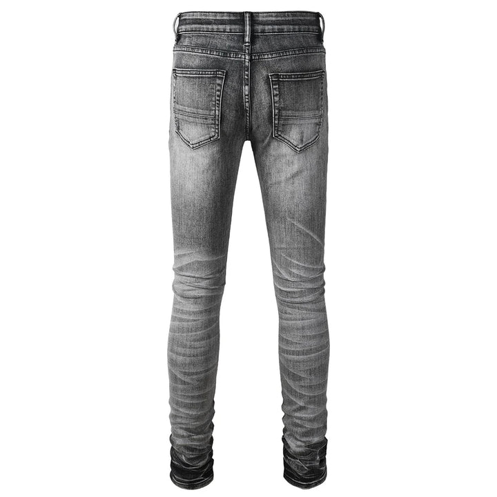 Grey Black Leather Ribbed Knee Distressed Jeans